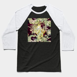 Woman with Daisy Among Flowers ,Wild Roses,Floral Swirls Art Nouveau Portrait Baseball T-Shirt